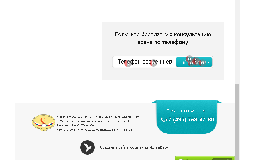 Форма заполнения номера телефона для обратной связи